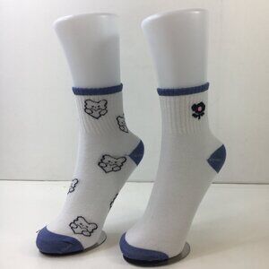 Womens Cat Flower Crew Socks 2 Pack Ribbed Cuffs White Blue